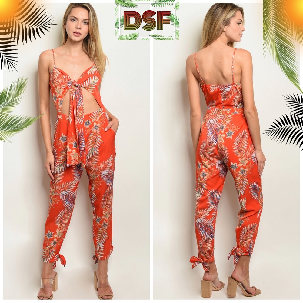 Red Waist Sash cut out bandeau Jumpsuit with pants bow and tropical florals